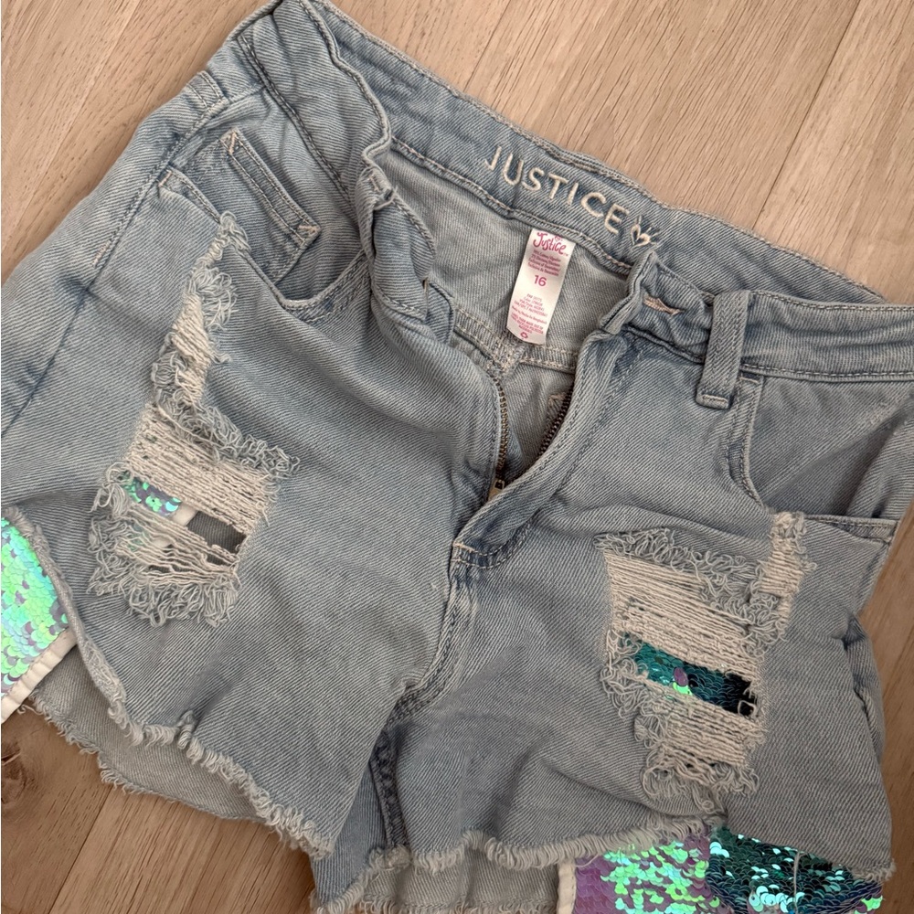 Justice Light Blue Denim Shorts with Sequin Details